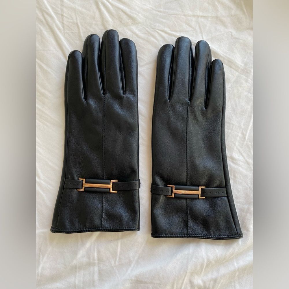 Ladies Black Leather Suede Winter Gloves